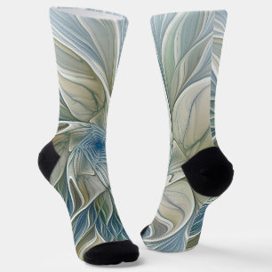 Chaussette Motif floral de rêve abstrait bleu kaki fractal