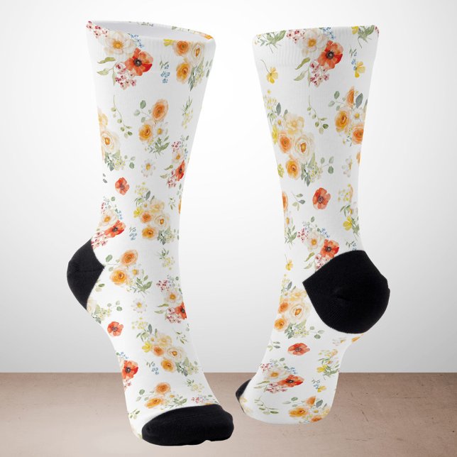 Chaussette Motif floral Fleurs ensoleillées aquarelle (Créateur téléchargé)