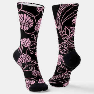 Chaussette Motif floral rétro rose sur fond noir