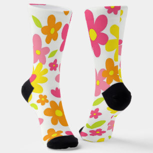Chaussette Motif floral rose et jaune rétro d'été lumineux