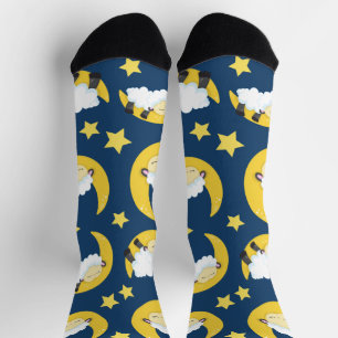 Chaussette Motif mouton, Mouton couché, Lune, Étoiles