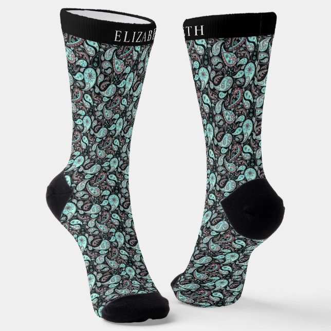 Chaussette Motif Paisley de couleur noir et bleu turquoise (Angulaire)