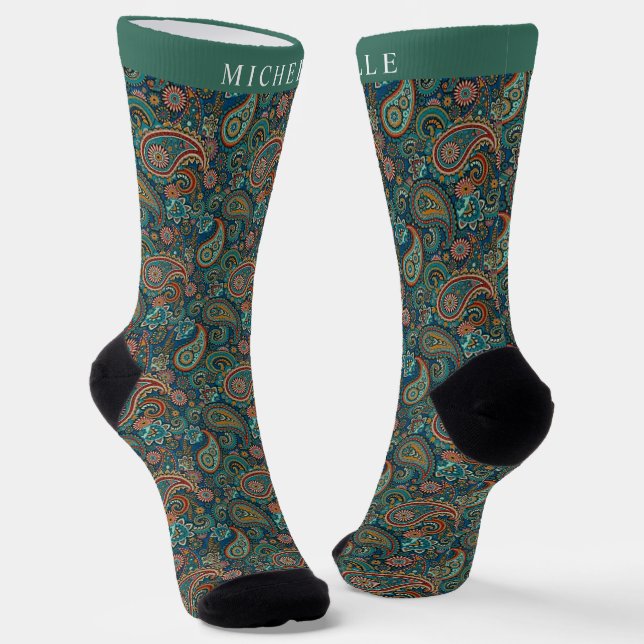Chaussette Motif personnalisé Turquoise Blue Green Paisley (Angulaire)
