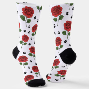 Chaussette Motif Roses Rouges et Empreintes de Patte de Chiot