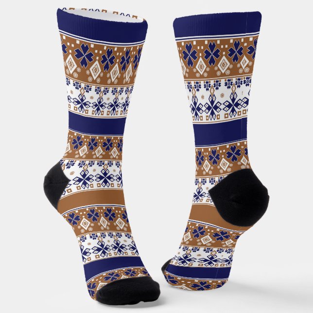 Chaussette Motif scandinave rayé brun bleu (Angulaire)