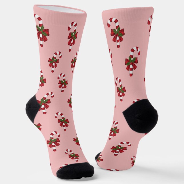 Chaussette Motif Sucre de canne Festif Sur Rose (Angulaire)