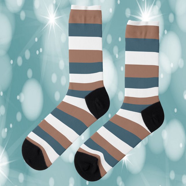 Chaussette Motifs Brown Turquoise blanc (A pair of socks with brown, teal and white stripes)