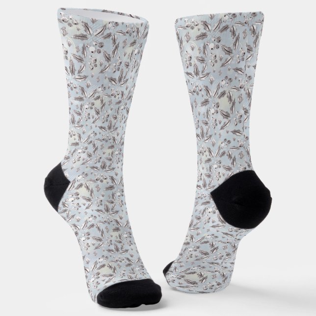 Chaussette Noël, brindilles argentées, blanc, flocons de neig (Angulaire)