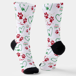Chaussette Noël EMPREINTES DE PATTE DE CHIEN et CŒURS D'AMOUR