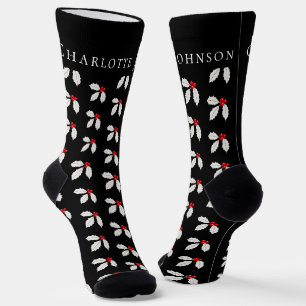 Chaussette Noël Holly Berry noir & blanc personnalisé