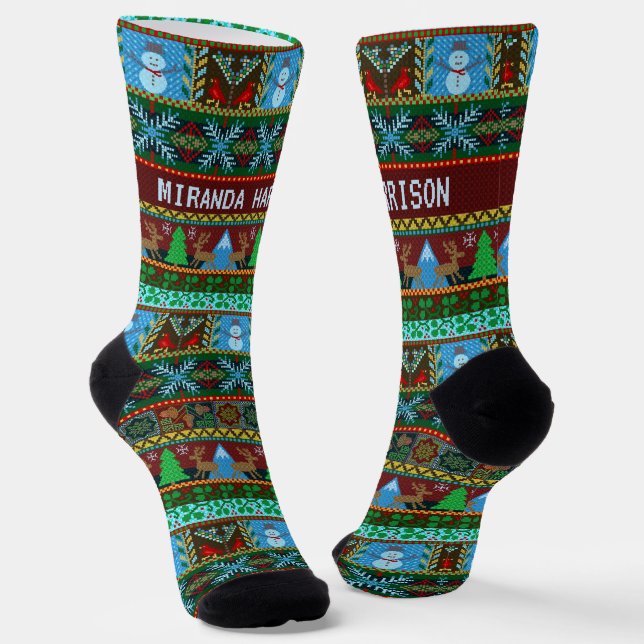 Chaussette Noël Nordic Knit Snowmen Reindeer | Nom (Angulaire)