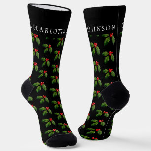 Chaussette Noël personnalisé avec brindille de houx festif à 