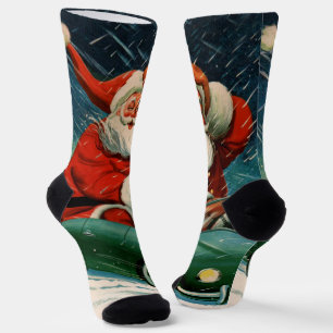 Chaussette Noël vintage, le Père Noël dans une voiture mignon