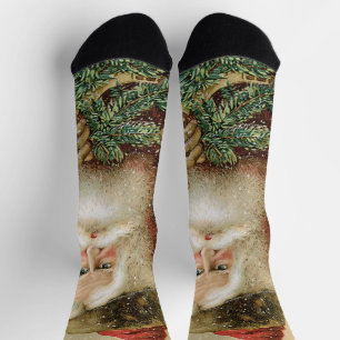 Chaussette Noël vintage, Père Noël victorien avec pin