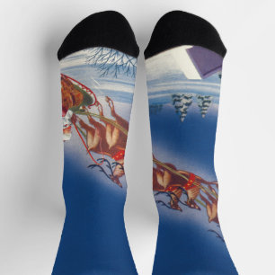 Chaussette Noël vintage, Père Noël volant avec son traîneau e