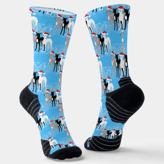 Chaussette Noël Whippets Italien Greyhounds Bleu hiver (Angulaire)