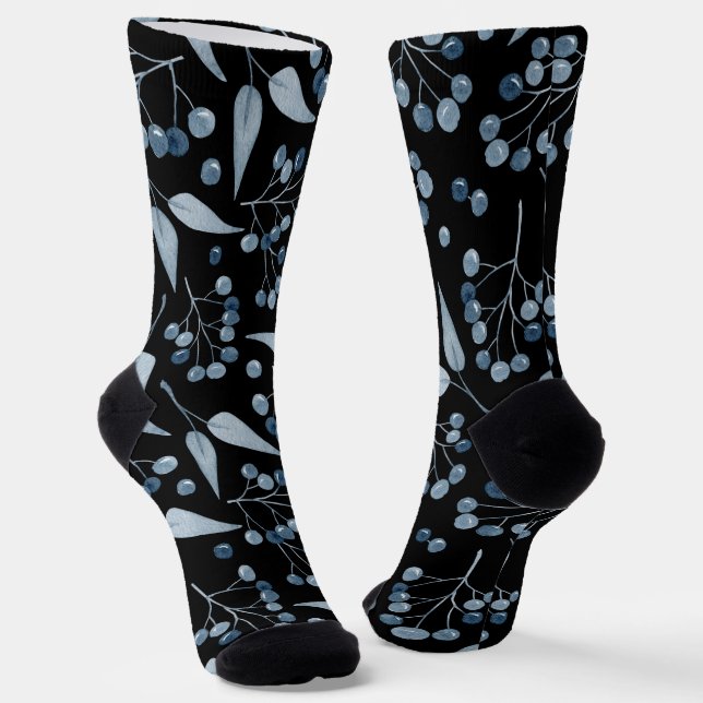 Chaussette Noir à la mode avec Bleu Botanical Berries (Angulaire)