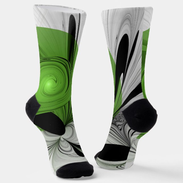 Chaussette Noir Abstrait et blanc avec art fractal vert (Angulaire)