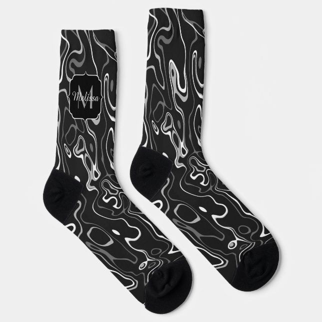 Chaussette Noir blanc damas tourbillons abstraits Monogramme (Droite)
