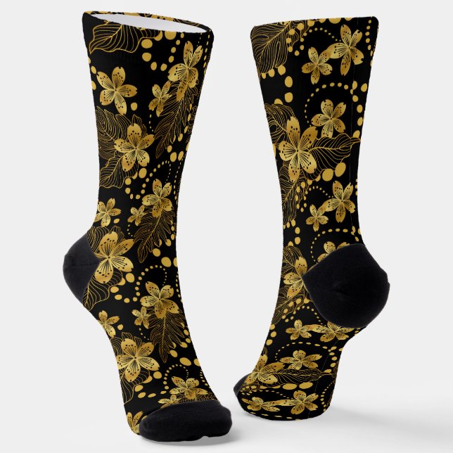 Chaussette Noir et or feuilles tropicaux et fleurs motif (Angulaire)