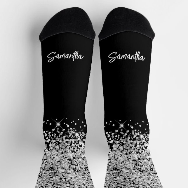 Chaussette Nom de script de pinceau Glittery Silver Black Gla (Haut)