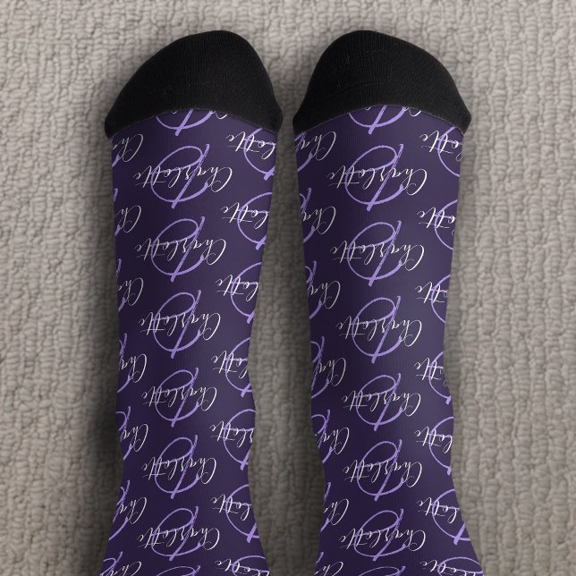 Chaussette Nom du monogramme et chaussettes violettes blanche (Créateur téléchargé)