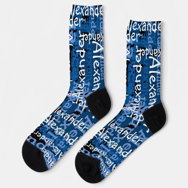 Chaussette Nom personnalisé sur le collage bleu (Gauche)