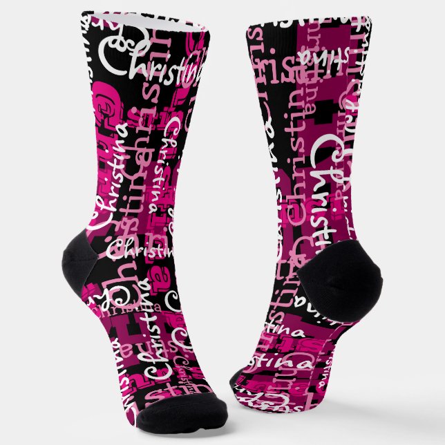 Chaussette Nom personnalisé sur tout rose Collage personnalis (Angulaire)