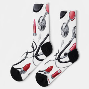 Chaussette Nurse Glam – Stethoscope & Lipstick Pattern