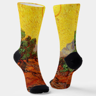 Chaussette Oliviers de Van Gogh avec ciel jaune et soleil