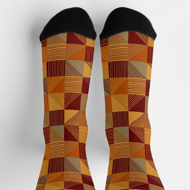 Chaussette Orange, Bourgogne, Chèques Brown avec lignes (Haut)