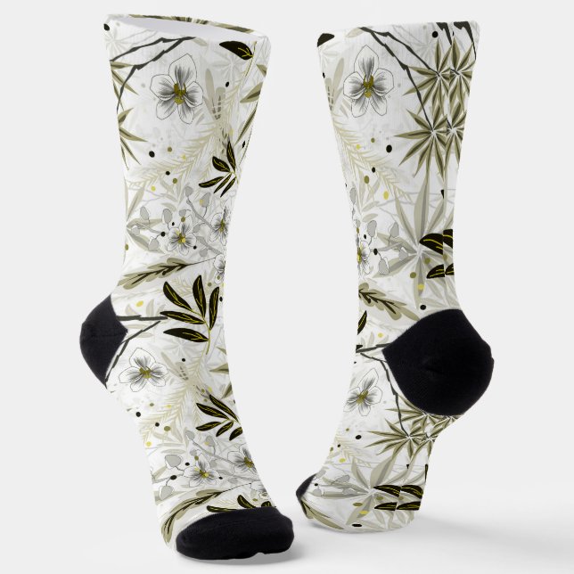 Chaussette Orchidées blanches aux feuilles tropicaux d'olivie (Angulaire)