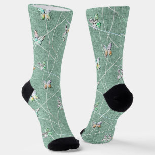 Chaussette Papillons à l'aquarelle sur fond vert menthe 
