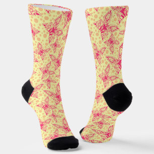 Chaussette papillons en dentelle pourpre sur pois jaune