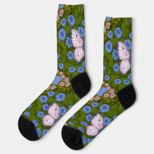 Chaussette Papillons et symétrie des fleurs, bleu et rose