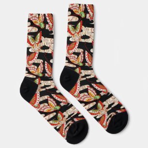 Chaussette PAPILLONS JAPONAIS ANTIQUES Rouge Noir Blanc 