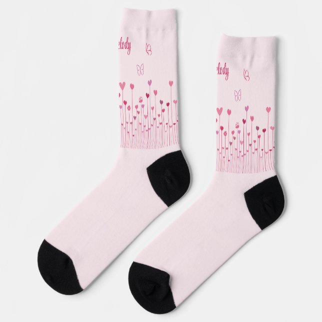 Chaussette Papillons roses Coeurs & Fleurs Personnalisés (Gauche)