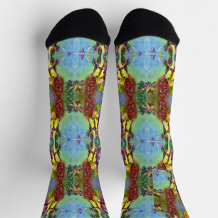 Chaussette PAPILLONS ROUGES SUR CHARDONS JAUNES,Ciel bleu Flo