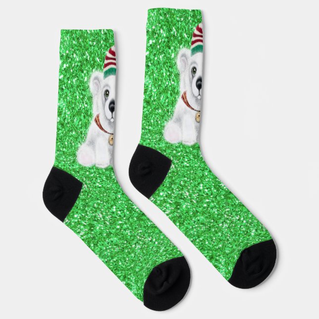 Chaussette Parties scintillant verte de Noël Père Noël ours (Droite)