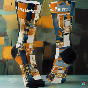 Chaussette Patchwork Art Déco géométrique en bleu et or