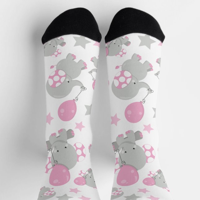 Chaussette Pattern of Elephants, Cute Elephants - Pink Gray (Haut)