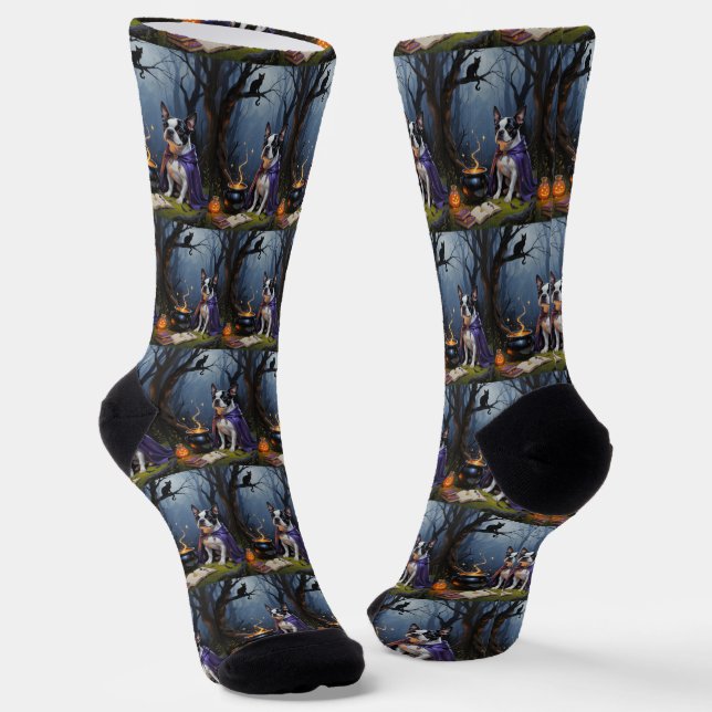 Chaussette Peinture d'Halloween de Boston Terrier Chien blanc (Angulaire)