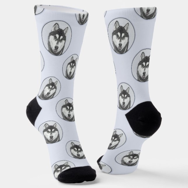 Chaussette Peinture sibérienne Husky art Chien noir et blanc (Angulaire)