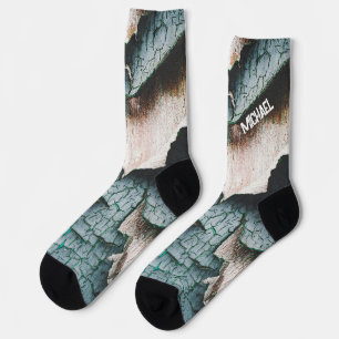 Chaussette Peinture verte bleue vieille rustique bois Nom per