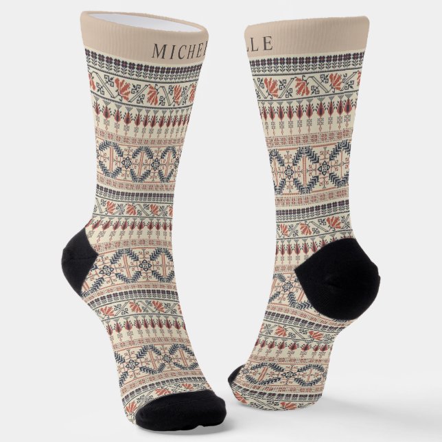 Chaussette Personnalisé Beige rose rouge noir Motif Aztec (Angulaire)