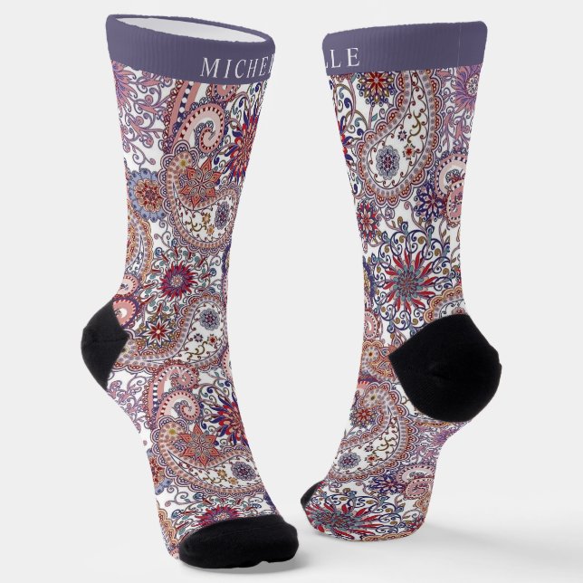 Chaussette Personnalisé Blanc bleu PInk Purple Motif Paisley (Angulaire)