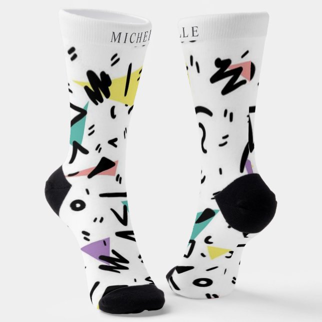 Chaussette Personnalisé Blanc noir vert rose jaune Abstrait (Angulaire)
