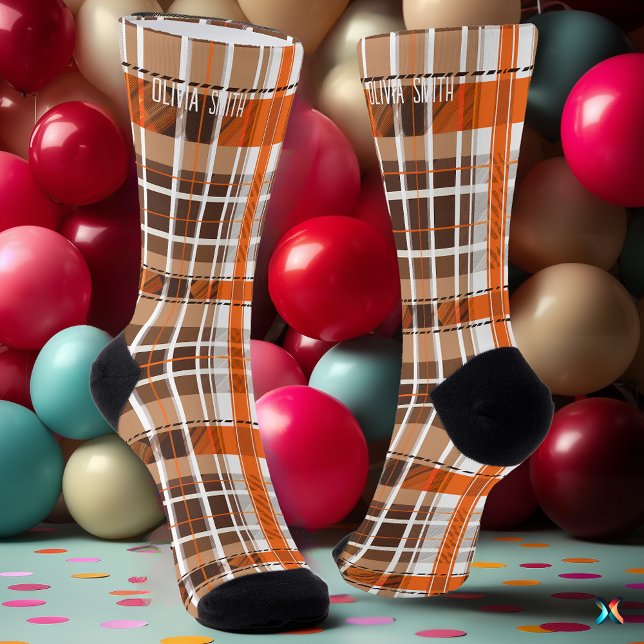 Chaussette Personnalisé orange et Brown Tartan Plaid personna (Créateur téléchargé)