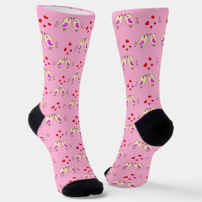 Chaussette Petits Oiseaux et Coeurs Jaunes mignons en rose cl (Angulaire)