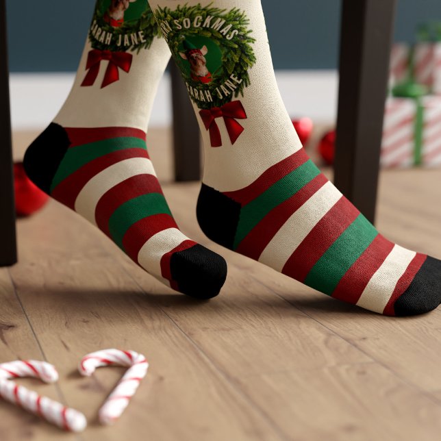 Chaussette Pièces de voeux de Noël pour animaux de compagnie  (Festive socks for you to add your best friend's photo. Merry Sockmas!)